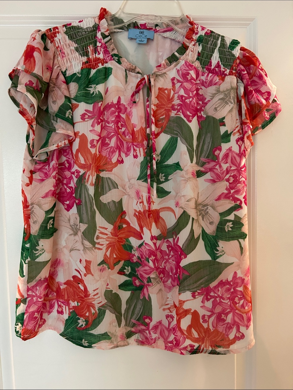 CeCe Pink, Green & Orange Floral Smocked Yoke Blouse